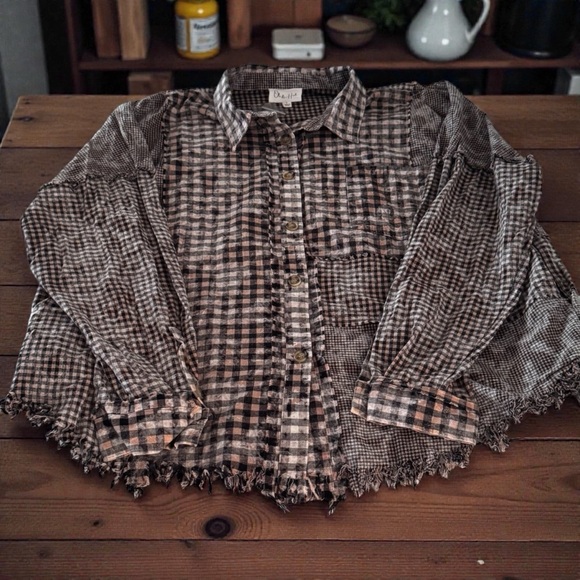 Women's Oli & Hali Plaid Patchwork Button Down Shirt L Brown Black - Picture 3 of 11